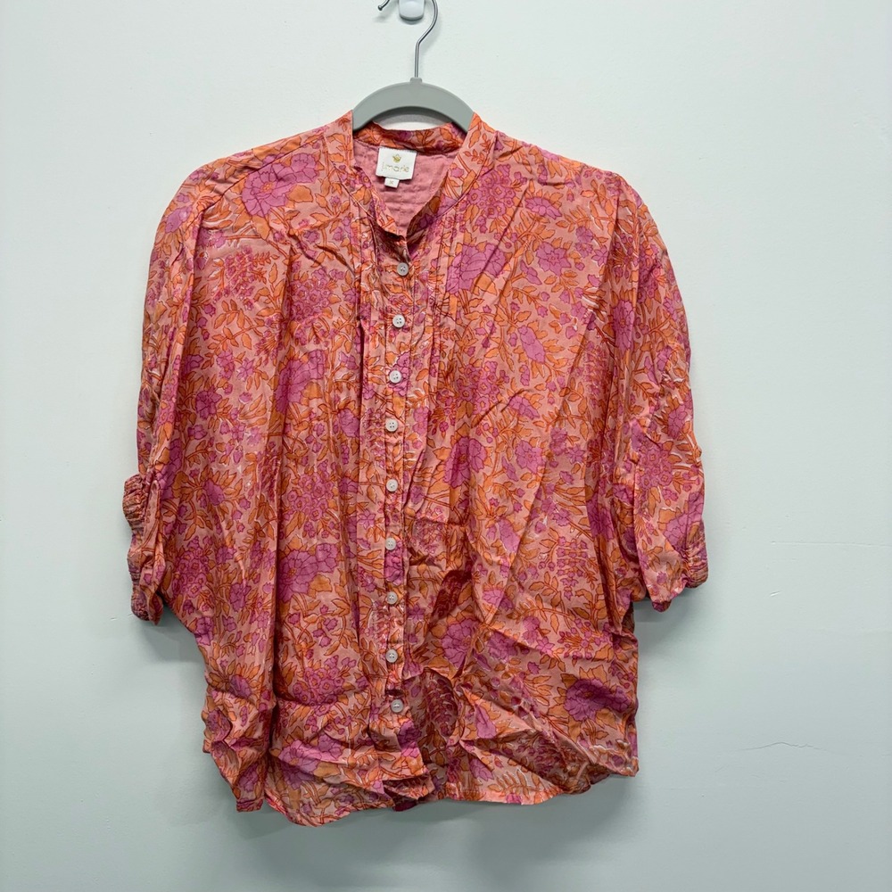 J. Marie Floral Print Split Neck Top Pink Orange Smocked Sleeve Small Oversized